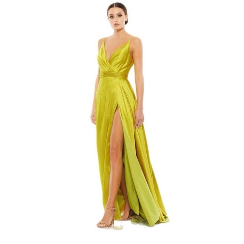 Mac Duggal Lime Green Satin V-Neck Spaghetti Strap Maxi Gown with High Slit